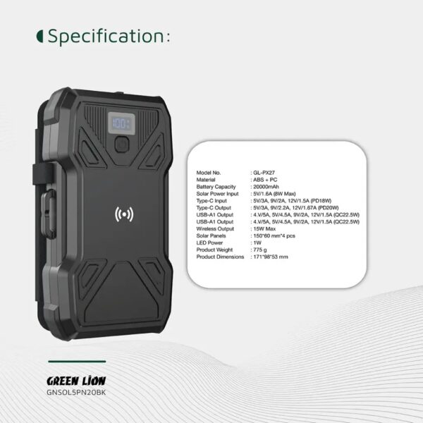 پاور بانک 5 سولار 20000mAh گرین لاین Green Lion Solar 5-Panel 20000mAh Power Bank PD20W – Black