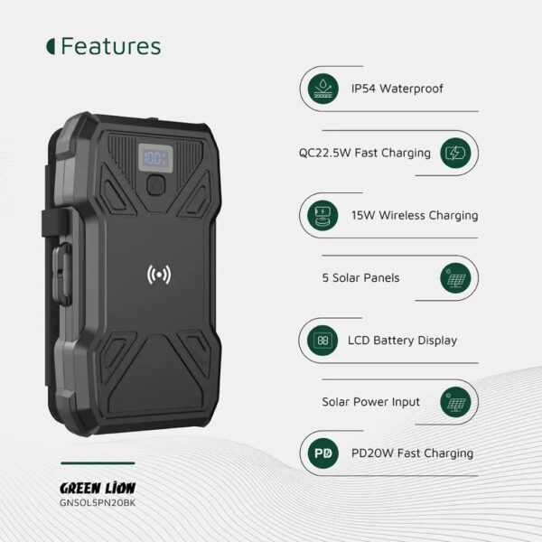 پاور بانک 5 سولار 20000mAh گرین لاین Green Lion Solar 5-Panel 20000mAh Power Bank PD20W – Black